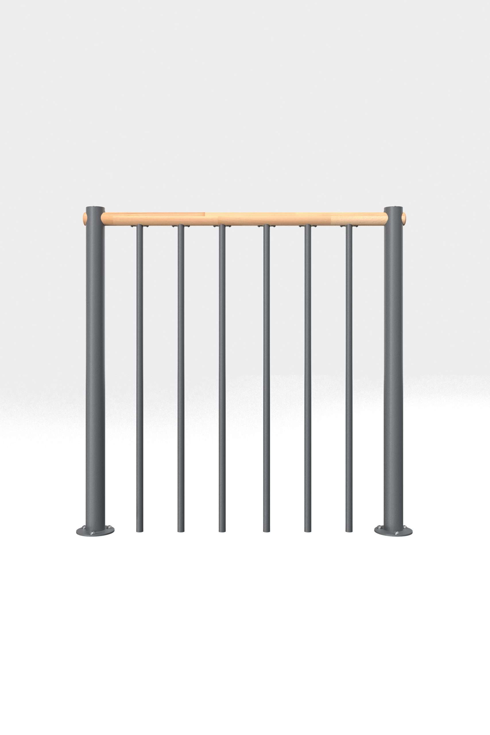 Parapet railing with vertical bars and wooden handrail straight