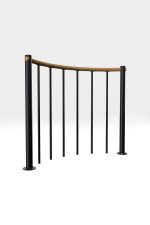 Parapet railing with vertical bars and wooden handrail round