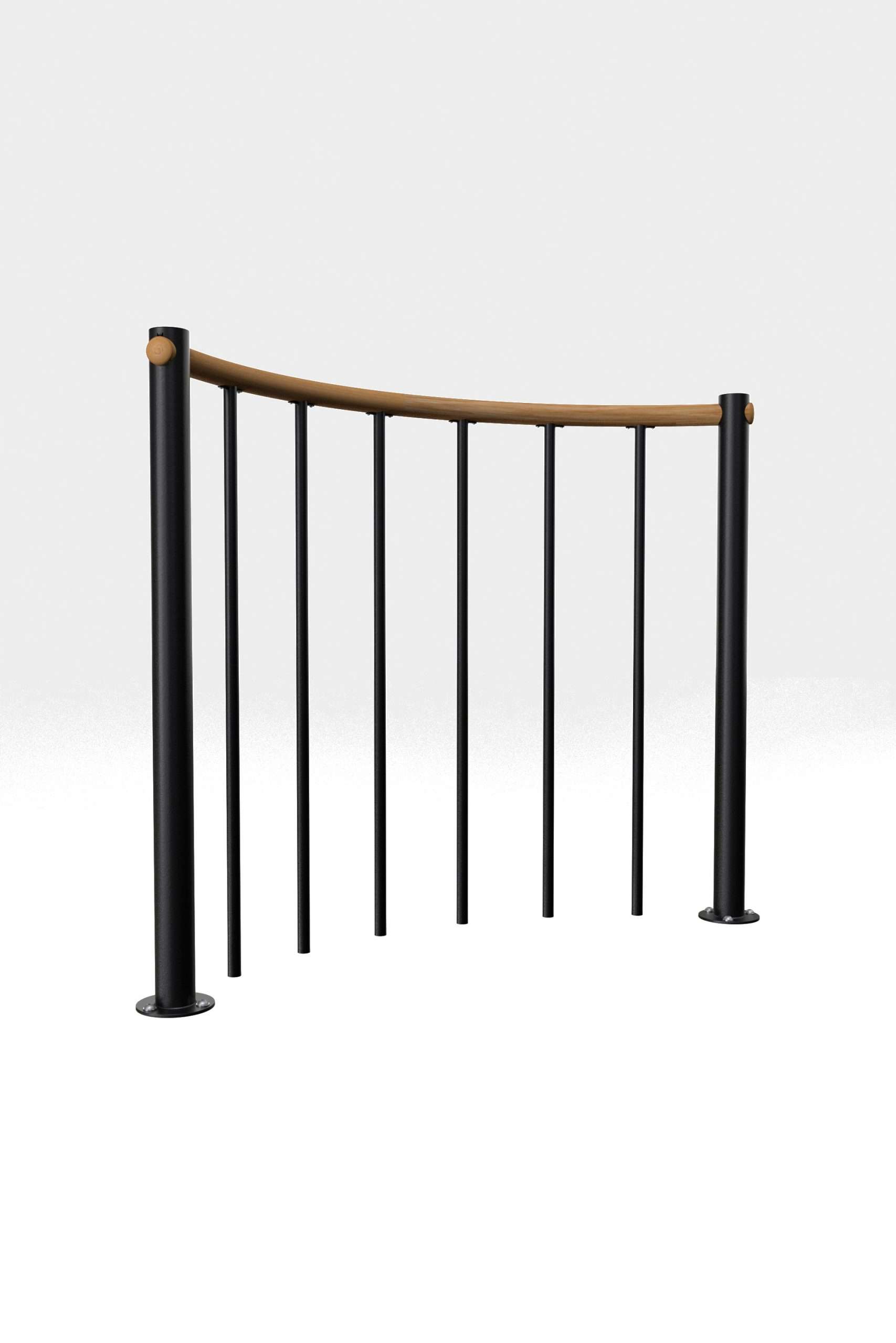 Parapet railing with vertical bars and wooden handrail round